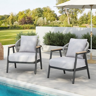 Set of 2 Outdoor Rope Lounge Chairs,Cushioned Patio Club Chairs with Gray Frame and Plastic Wood Armrests–Maison Boucle