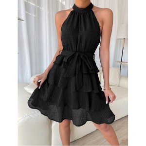Garvee Women's Chiffon Halter Neck Ruffle Mini Dress Drop Waist Wedding  Guest Summer Dress Black L : Target