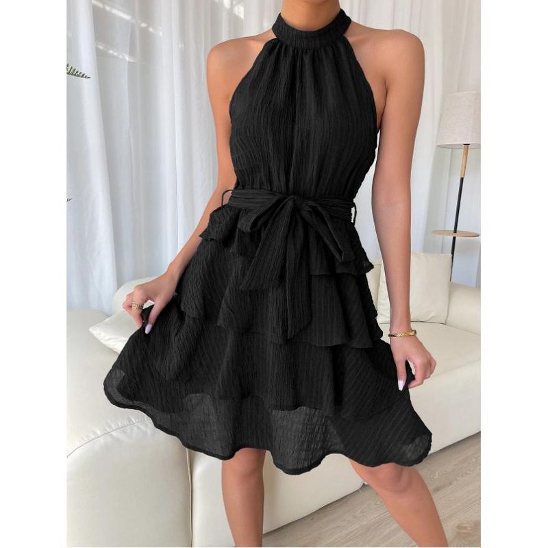 Garvee Women's Chiffon Halter Neck Ruffle Mini Dress Drop Waist Wedding Guest Summer Dress Black M