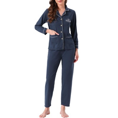 INSPIRE CHIC Women's Lounge Set Cotton Ribbed Button Up Long Sleeve Pants Pattern with Pocket Pajama Set Loungewear