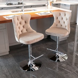 Velvet Barstools Set of 2, Adjustable Seat Height from 22-25 in Swivel Upholstered Bar Stools W/T-Shaped Footrest & Rivet Decoration Barstools - 1 of 4
