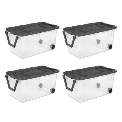 Image of Sterilite 160 Quart Plastic Stacker Box, Lidded Storage Bin Container for Home and Garage Organizing, Shoes, Tools, Clear Base & Gray Lid, 4-Pack