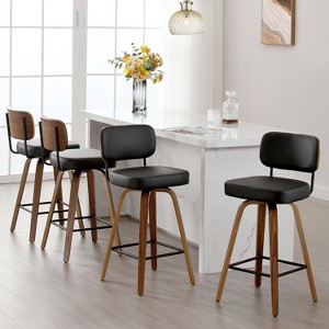 Bekrvio 26"/29" Mid-Century Modern Swivel Bar Stools Set of 1/2/3/4- Faux Leather Upholstered with Back and Bent Wood Legs,Ideal for Kitchen Island - 1 of 4