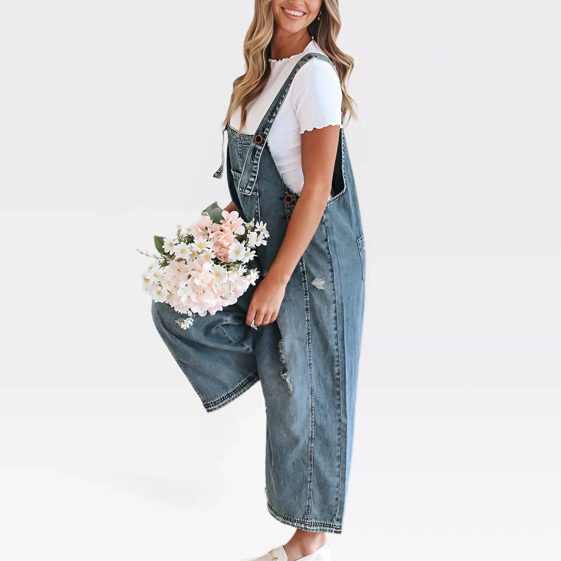 Garvee Women's Distressed Denim Overalls Wide Leg Ripped Jean Jumpsuits Adjustable Strap Loose Baggy One Piece Bib Overalls