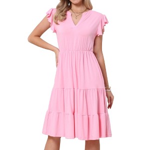 INSPIRE CHIC Women's Summer Tiered V Neck Ruffle Cap Sleeve Flowy A-Line Midi Dresses - 1 of 4