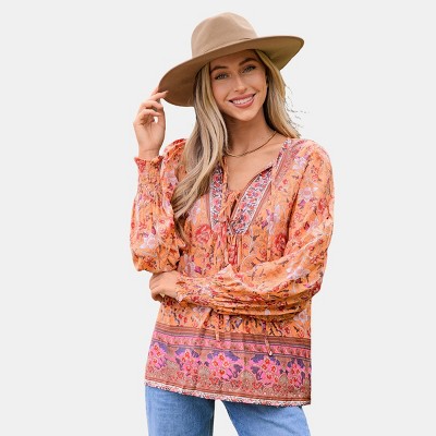 Women's Vibrant Orange Floral Tie Neck Blouson Sleeve Top - Cupshe