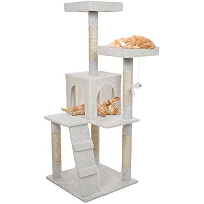 Cat Tree - 4-Tier Cat Tower for Indoor Cats with Perches, Kitty Condo, 5 Cat Scratching Posts, Hanging Toy, and 2-Step Ladder by PETMAKER (White)