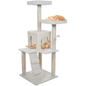 Cat Tree - 4-Tier Cat Tower for Indoor Cats with Perches, Kitty Condo, 5 Cat Scratching Posts, Hanging Toy, and 2-Step Ladder by PETMAKER (White) - 1 of 1