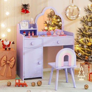 Costway Kids Vanity Table and Chair Set with Cloud-shaped Mirror Open Shelf Storage Drawers White/Pink/Purple - 1 of 4