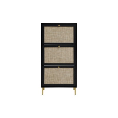 TIRAMISUBEST Farmhouse Shoe Cabinet - Black Rattan, 3-Door, Holds 18 Pairs (23"W x 48"H)