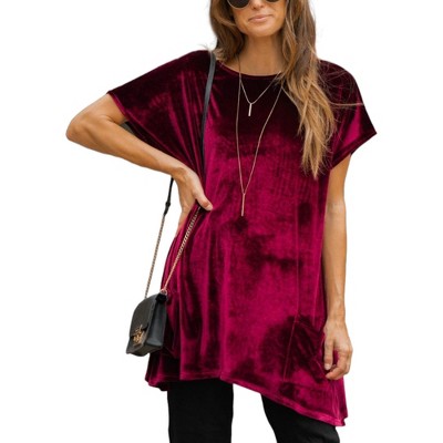 Amaryllis Women's Velvet Tunic with Asymmetrical Hem Round Neck Short Sleeves Loose Fit Side Pockets Comfortable