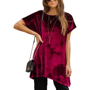 Amaryllis Women's Velvet Tunic with Asymmetrical Hem Round Neck Short Sleeves Loose Fit Side Pockets Comfortable - 1 of 4