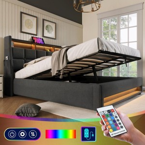 Streamdale Queen size Upholstered Platform bed with a Hydraulic Storage System, LED and USB Charging, Grey (without mattress) - 1 of 4