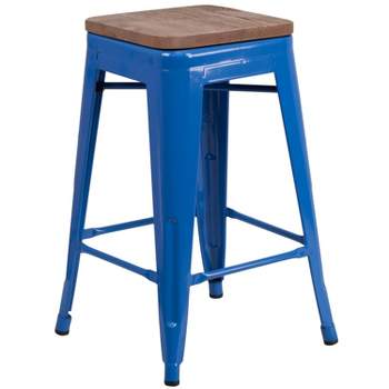 Emma and Oliver 24"H Backless Blue Metal Counter Height Stool with Wood Seat