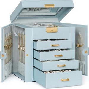 Leather Jewelry Box with Mirror & Lock, 3-Tier Organizer with 2 Drawers for Necklaces & Bracelets - 1 of 4