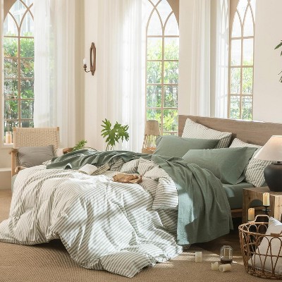 Der Rose BALHAM TRADE-Queen 100% Washed Cotton Linen Like Bedding Sheet Set Breathable Durable Soft Comfy Heathered Sage Green-Queen 90"x102" — фото 6