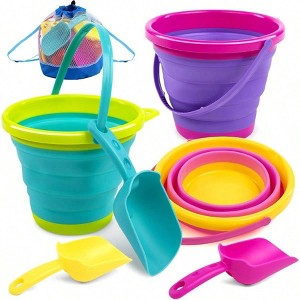 Foldable Beach Bucket Set - 3 Collapsible Toy Buckets with Shovels Mesh Backpack Party, Camping, Travel, Fishing - 1 of 4