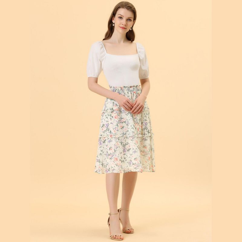 Allegra K Women's Floral Print Smocked Elastic Waist Knee Length Flowy Tiered Ruffle Skirt, 3 of 6