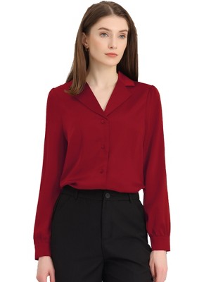 Allegra K Women's Elegant Collar V Neck Long Sleeve Work Office Satin Button Down Shirt