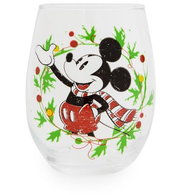 Silver Buffalo Disney Mickey Mouse Christmas Wreath Stemless Wine Glass | Holds 20 Ounces