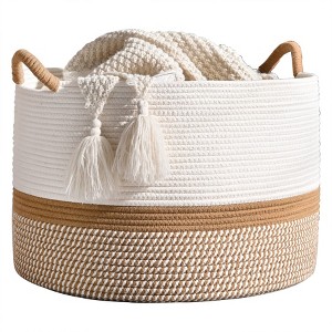Itopfox Large Woven Storage Basket for Blankets, Laundry, Nursery, and Toys, Soft Cotton Rope Hamper for Living Room, Baby Toy Chest in White/Brown - 1 of 4