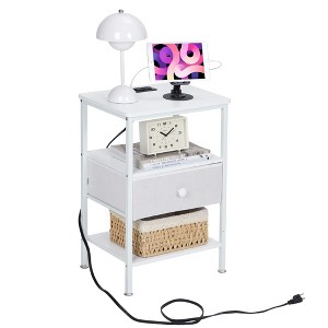VECELO Nightstand with Charging Station, End Table with Fabric Drawer for Bedroom or Living Room, 2 USB Ports & AC Outlets, Brown/Black/White - 1 of 4
