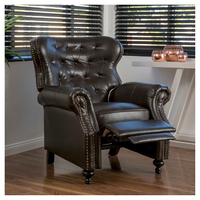 Handcrafted Brown Leather and Wood Recliner Accent Chair