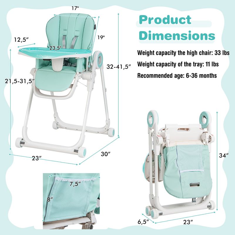 Babyjoy Baby High Chair Foldable Feeding Chair w/ 4 Lockable Wheels Pink\Black\Colorful\Green, 3 of 11
