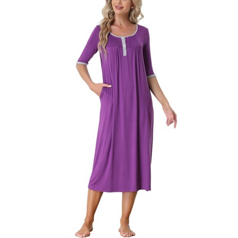 cheibear Women's Satin Button Down Long Sleeve Silky Boyfriend Nightshirt  Purple X-Small