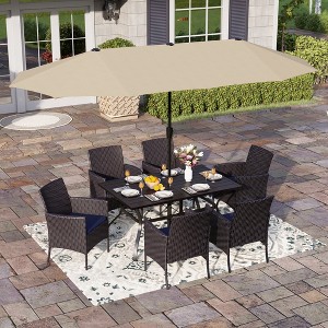 Captiva Designs 8pc Patio Slat-top Black Dining Table & Crescent Arm Rattan Chairs & Market Umbrella - 1 of 1