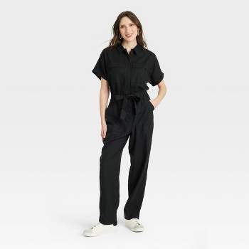 Allegra K Women's Short Sleeve Collared Cropped Coverall Button Down Tie  Waist Cotton Cargo Jumpsuit Black Small