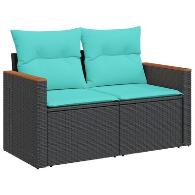 vidaXL Patio Sofa Black Poly Rattan with Cushions/Storage - 2-Seater Outdoor Loveseat, Modular Design