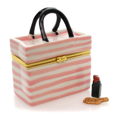 Hinged Trinket Box 3.25" Pink Purse Black Handle Striped Handbag  -  Decorative Figurines