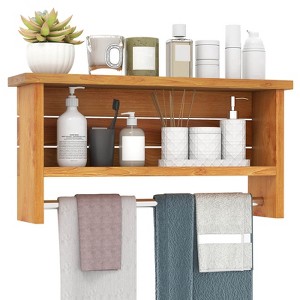 Costway 2-Tier Solid Teak Wood Bathroom Shelf with Towel Bar Stainless Steel Hanging Rod - 1 of 4