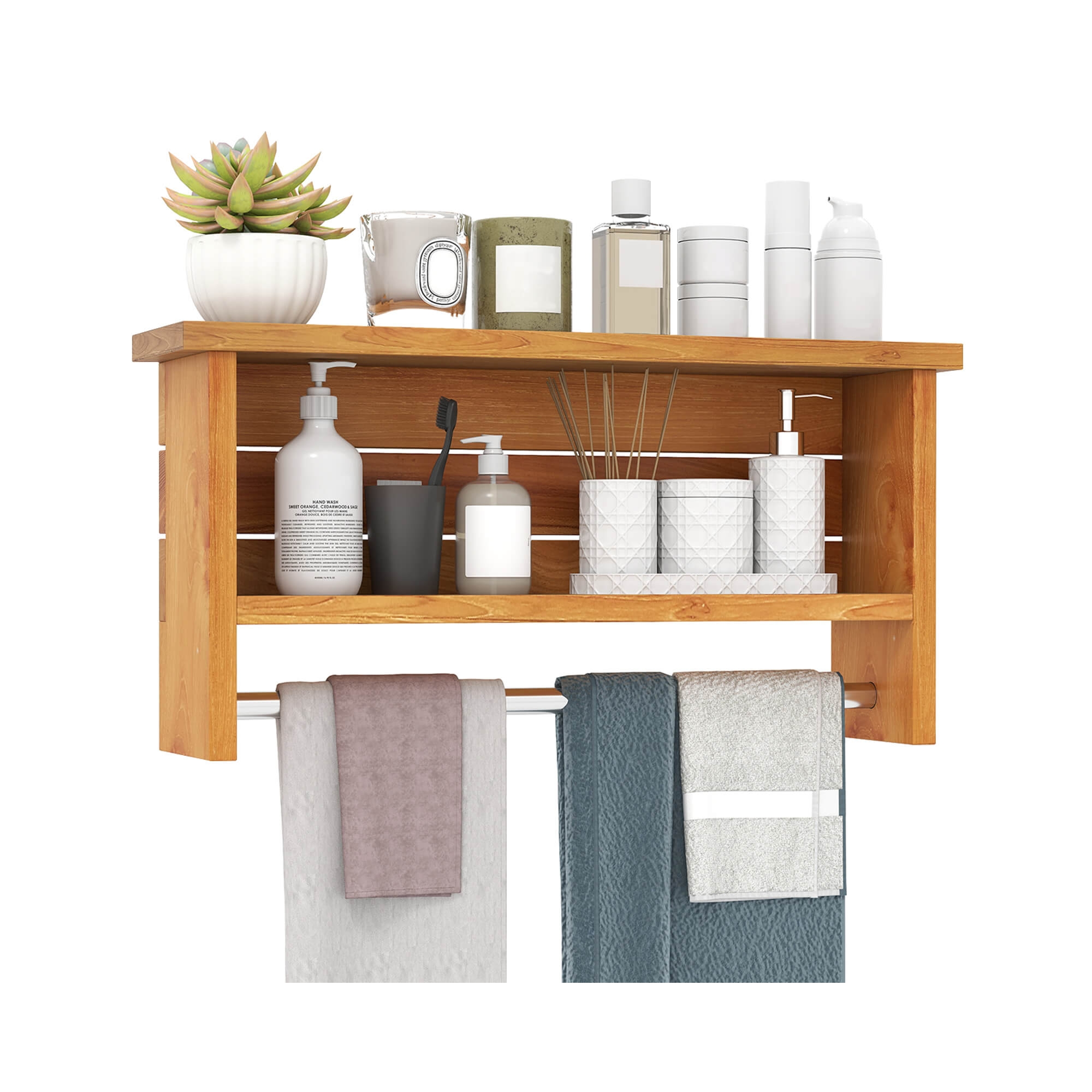 Costway 2-Tier Solid Teak Wood Bathroom Shelf with Towel Bar Stainless Steel Hanging Rod