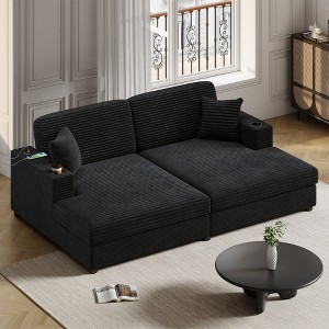 86.5" Oversized Loveseat Chaise Lounge Sectional Sofa Bed Corduroy Sleeper Sofa with Two USB Ports , Two Cup Holders , Beige - 1 of 4
