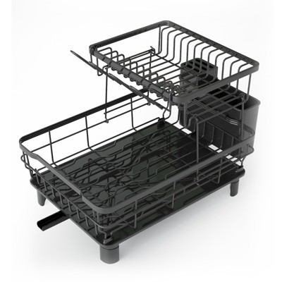 HONGGE 2-Tier Stainless Steel Dish Drying Rack with Efficient Drainage, 360° Drain Spout & Utensil Holder