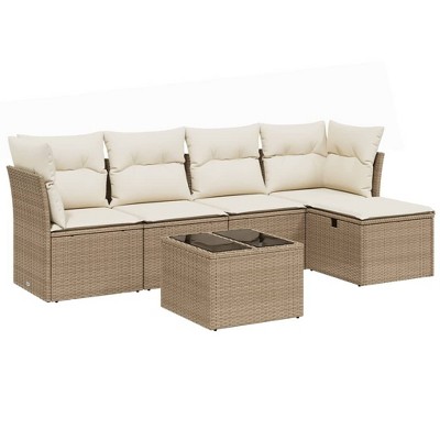 vidaXL 6 Piece Patio Sofa Set with Cushions Beige and Cream Poly Rattan - Without Storage 6 Piece Set