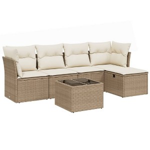 vidaXL 6 Piece Patio Sofa Set with Cushions Beige and Cream Poly Rattan - Without Storage 6 Piece Set - 1 of 4