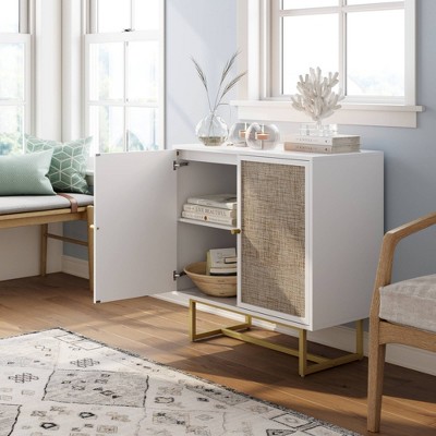 White and Cane Rattan Accent Cabinet with Adjustable Shelving