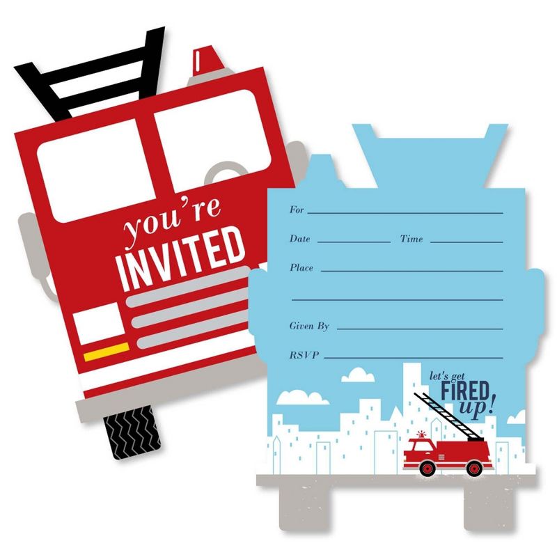 Big Dot of Happiness Fired Up Fire Truck - Shaped Fill-in Invites - Firetruck Baby Shower or Birthday Party Invite Cards with Envelopes - Set of 12, 1 of 7