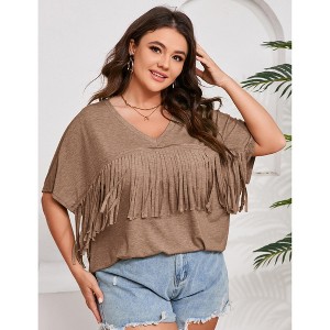 Women's Plus Size Fringe Hem Short Sleeve V-Neck Oversized T Shirt Tops - 1 of 4