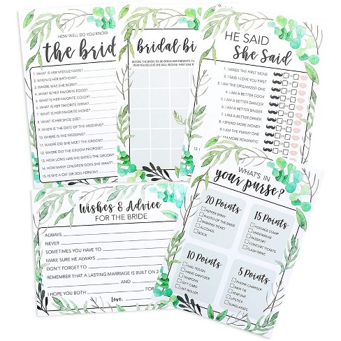 Juvale 5-Set Bridal Shower Game Cards Greenery Boho Themed Wedding Party Activity Supplies, Bingo He Said She Said Marriage Advice Up to 50 Guests - image 1 of 4
