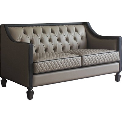 Leatherette Loveseat with 3 Accent Pillows and Button Tufting Beige - Benzara