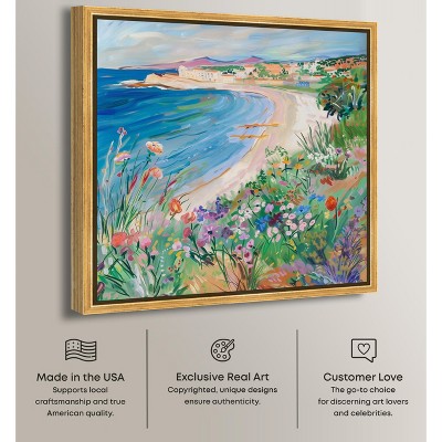 Vibrant Coastal Beach Scene Canvas Art with Gold Frame, 13" x 13"
