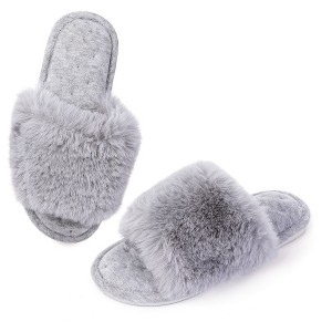 Fluffy Open Toe Slippers For Women Indoor Memory Foam, Comfy Fuzzy House Slippers Non-slip, Soft Faux Fur Slip-on Bedroom Slippers - 1 of 4