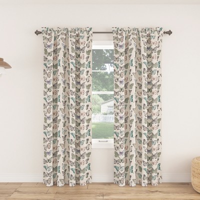Blue Butterfly Print Sheer Polyester Rod Pocket Curtain Panel