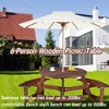 6-Person Outdoor Patio Wooden Round Picnic Table with 3 Built-in Benches and Umbrella Hole - 4 of 4