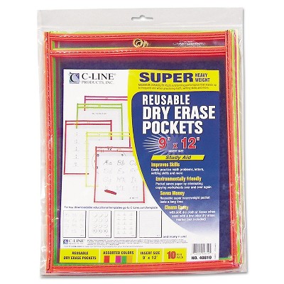 C-Line Reusable Dry Erase Pockets - Study Aid, Black, 12 x 9, Pack of 10