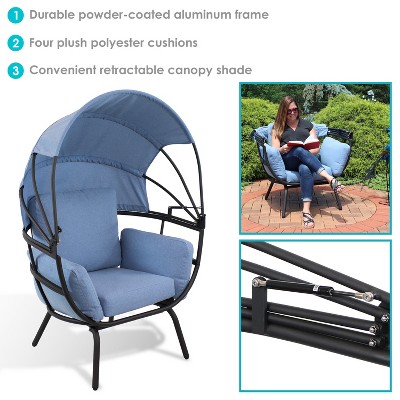 Modern Blue Egg Chair with Cushions and Retractable Shade